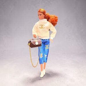 Fashion Doll in Cream Sweater & Blue Jeans with Brown Handbag